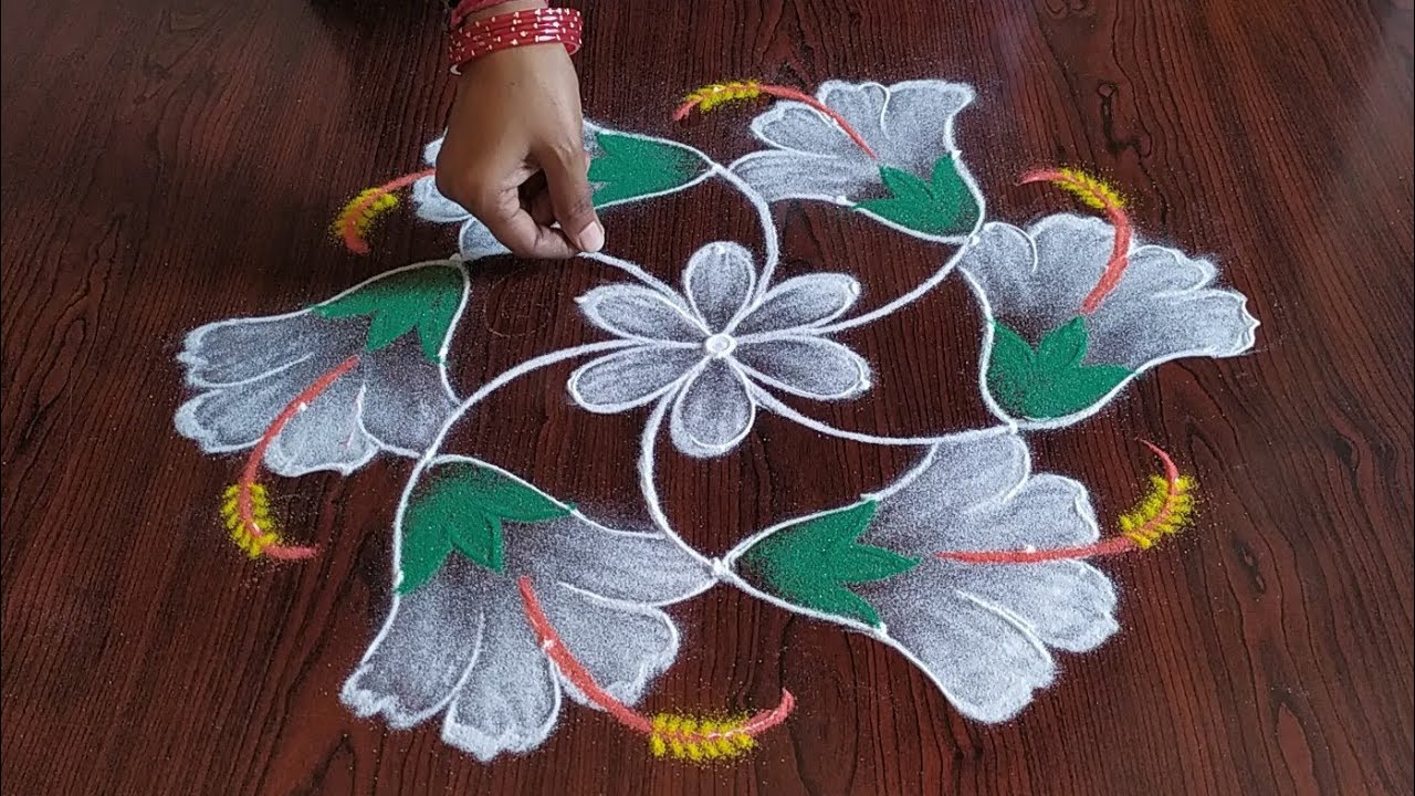 Easy hibiscus flowers Rangoli (7×4) dot's...
