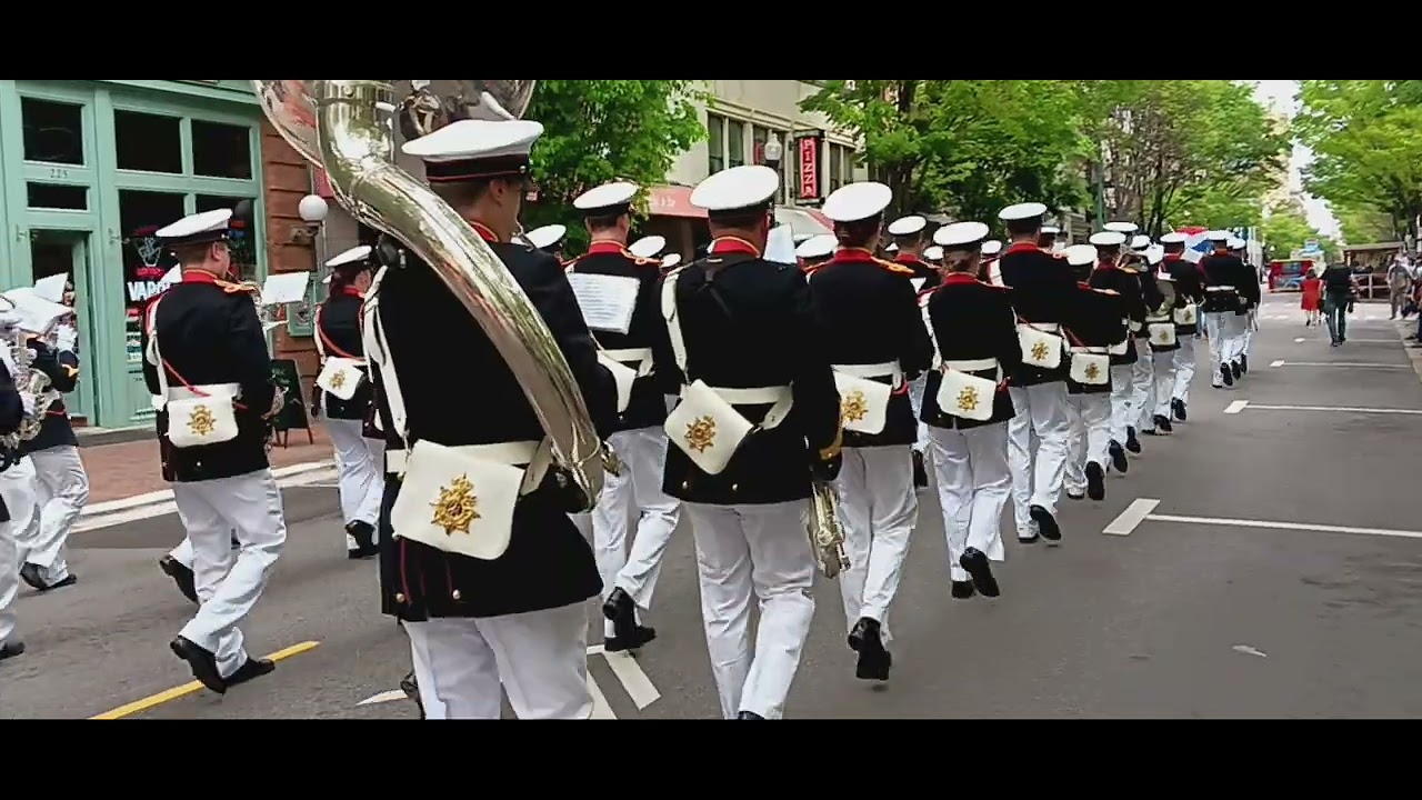 The Marine band of The Royal Netherlands Navy marches in The NATO Parade, Norfolk, 2024
