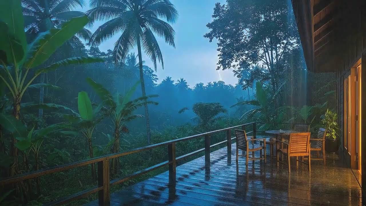 Drift to Sleep with Calm Rain Sounds and Rolling Thunder Echo at Forest Cabin Terrace 🌧️