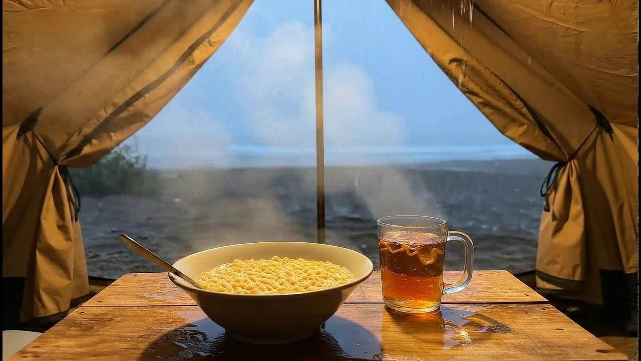 Coziest Rainy Night Beach Camping 🍜 Steaming Ramen ASMR & Relaxing Storm Sounds #RainyDay