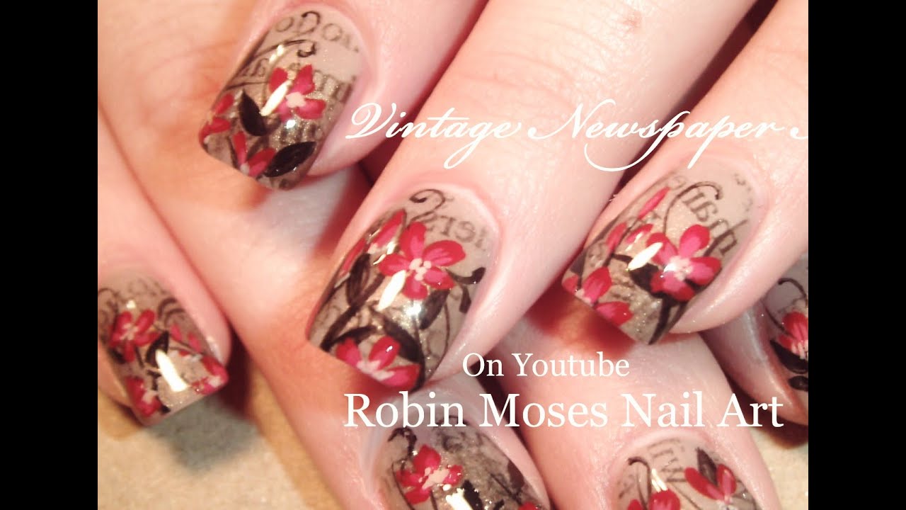 Vintage Newspaper Nails | Red Flowers Nail Art Design Tutorial