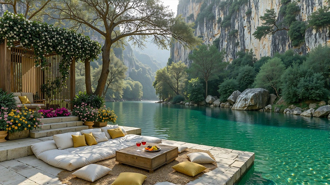 Peaceful Riverside Jazz Escape | Mountain Cliffs & Still Water For a Happy Mood