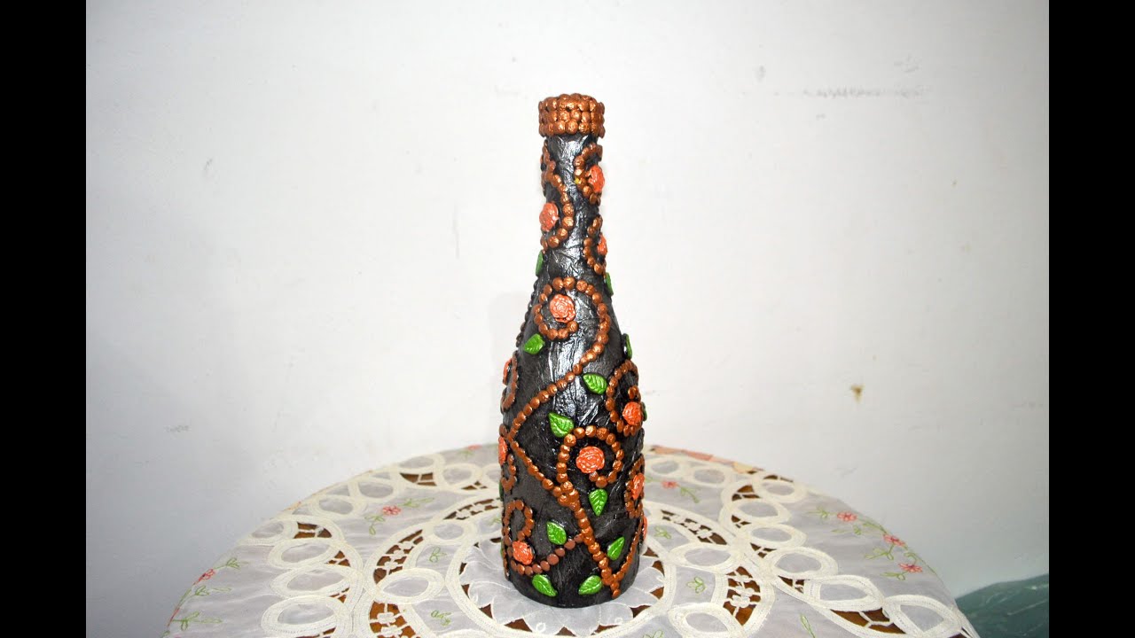 Botella efecto carbón, usando lentejas. Manualidades fáciles.