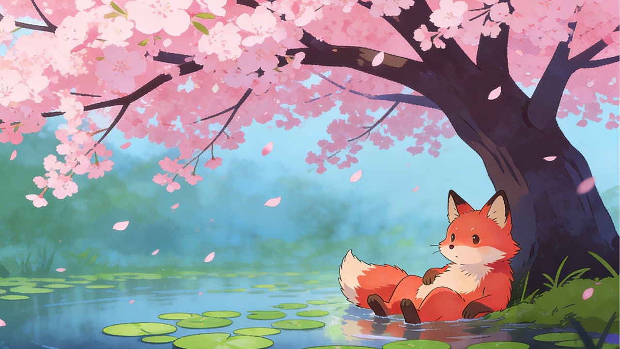 Spring Lofi Mix 🌸🦊 | Calm Focus Music | Cherry Blossom Pond Ambience