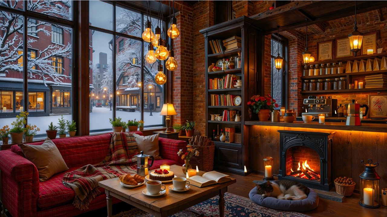 Gentle Piano Jazz at a Cozy Caf&eacute; Ambience ☕ Snowfalling & Peaceful Mood ~ Relaxing Winter Jazz