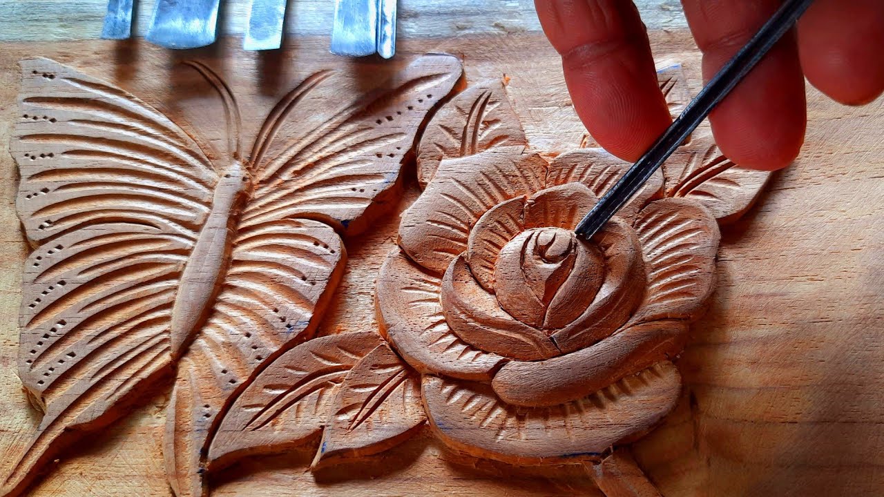 |wood carving butterfly and flower rose|wood working|UP wood art|