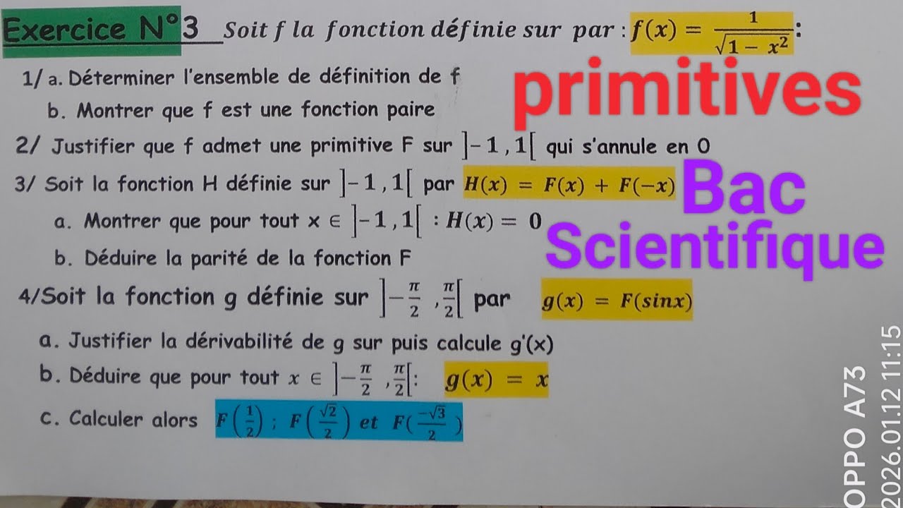 Pour Bac scientifiques :Primitive Correction de l'exercice N3