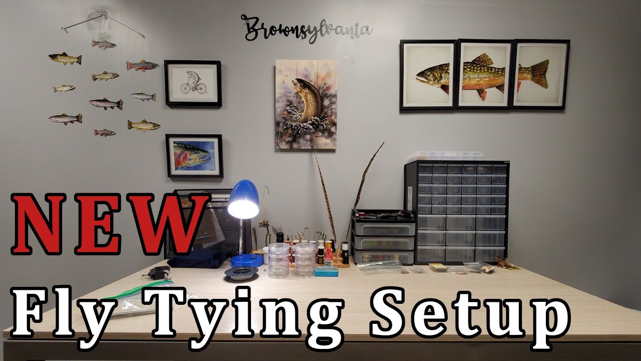 New Fly Tying Desk Setup with Trout Art