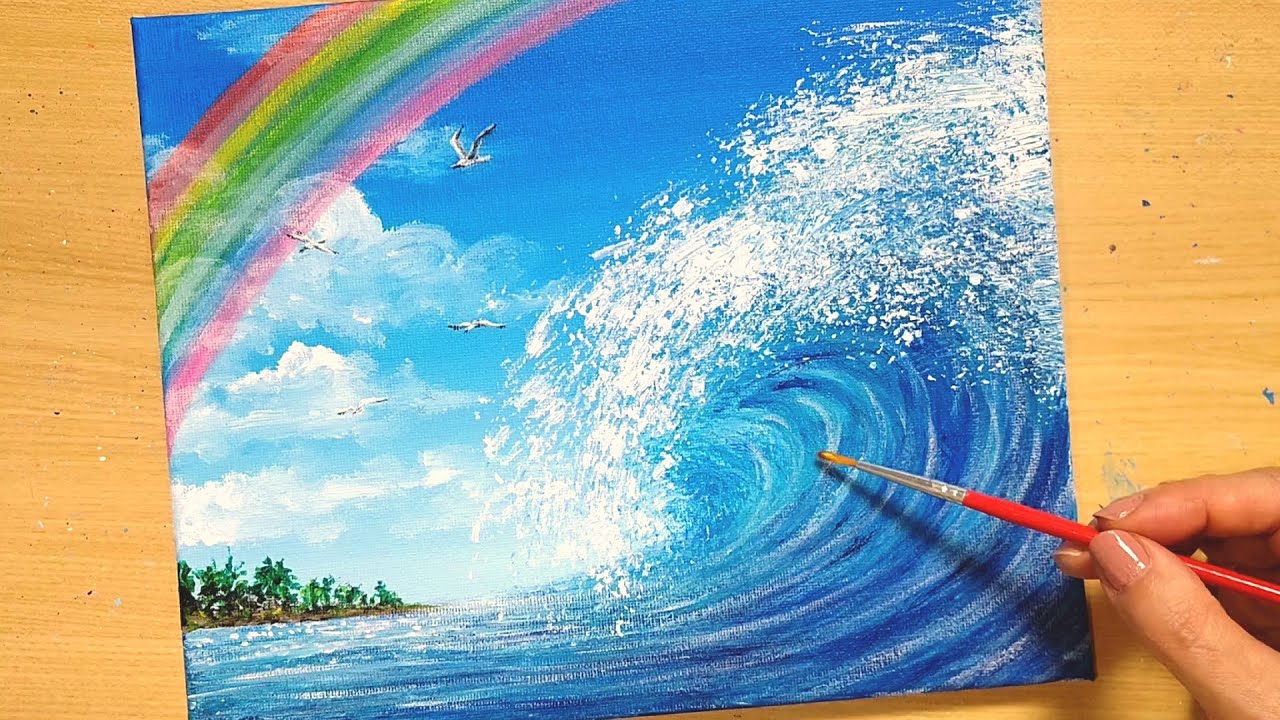 アクリル絵の具で【海と虹の風景】を描く方法/波/初心者のための簡単なアクリル画/Step by step