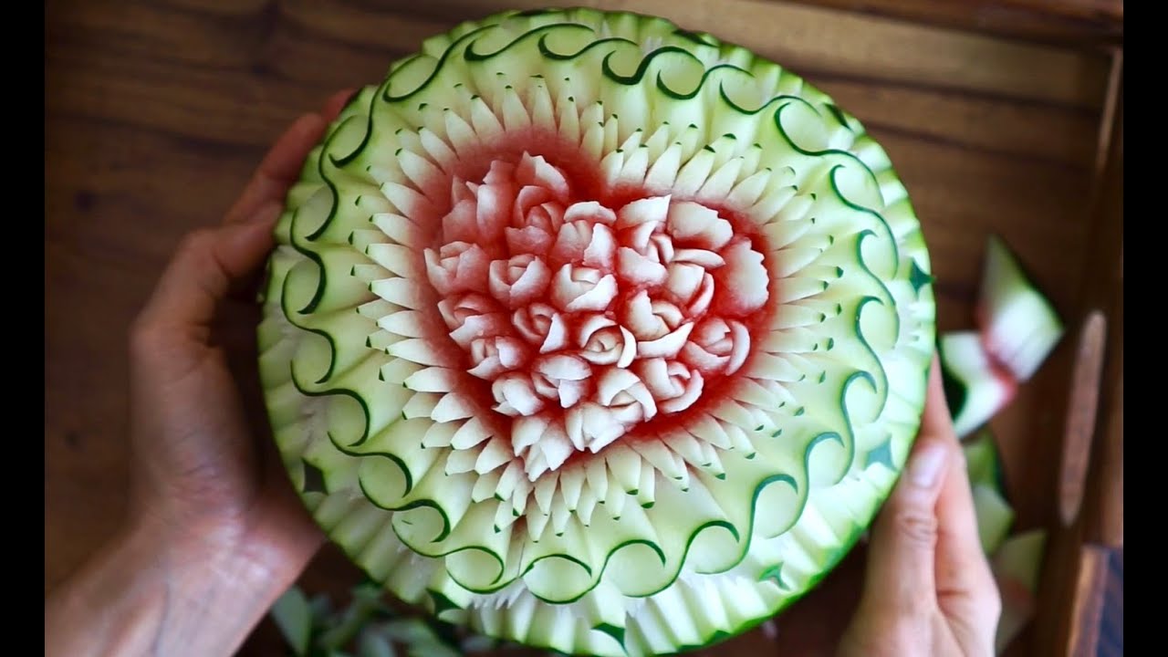 little rose in heart watermelon carving | fruit carving | by chef namtarn