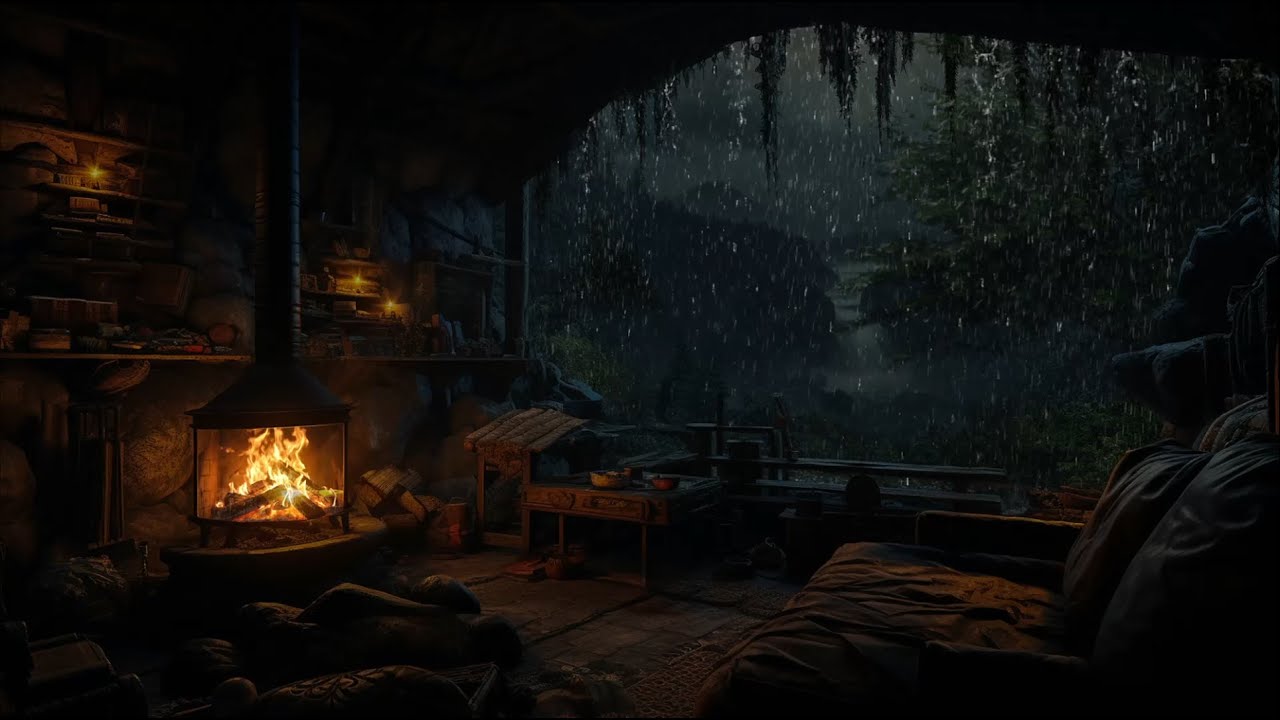 Seeking Shelter from Rain and Thunder in a Cave🌧️12 Hours of Fireplace Sounds for Sleep, Relaxation😴