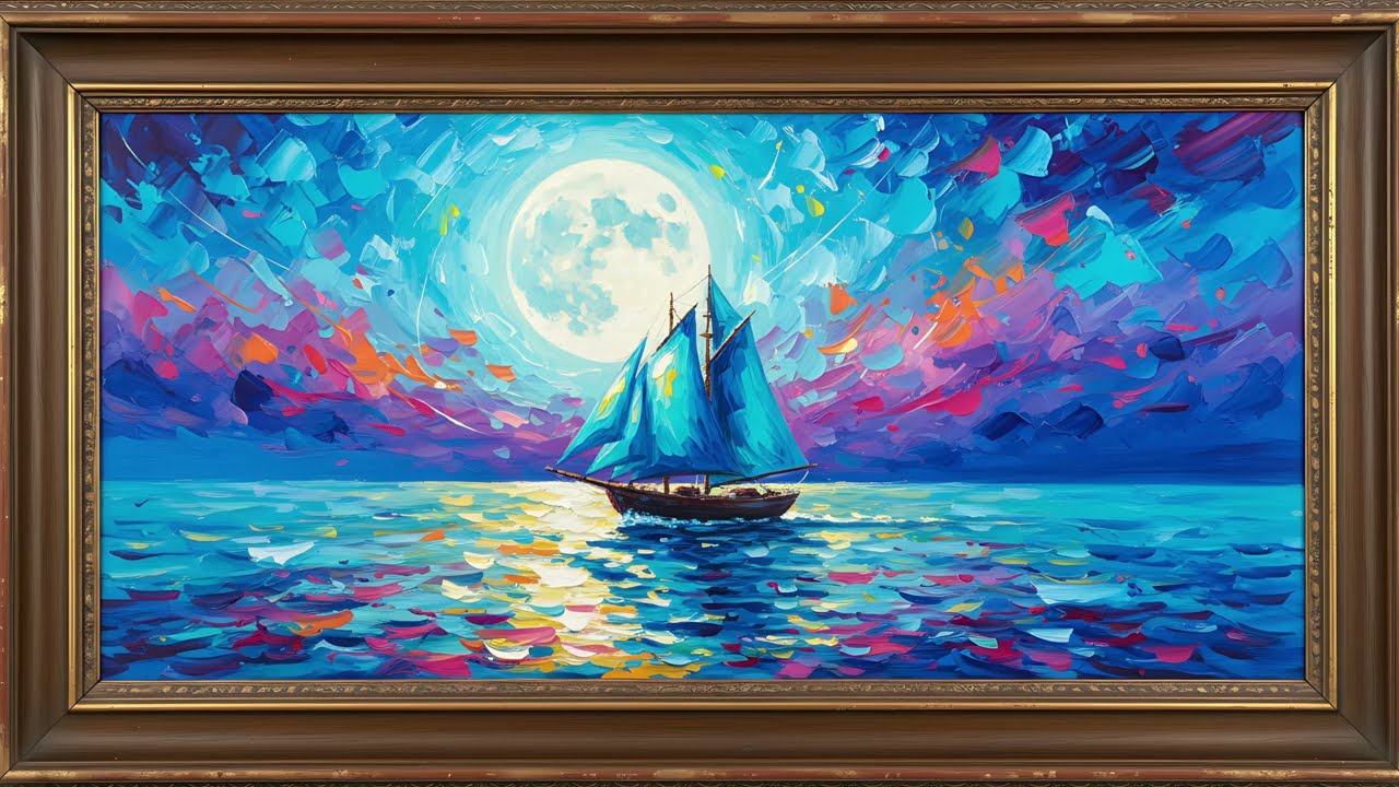 Moonlight Sailing Boat Painting | Gold Frame TV Art | Ocean Night Art Screensaver for TV | 2 Scenes