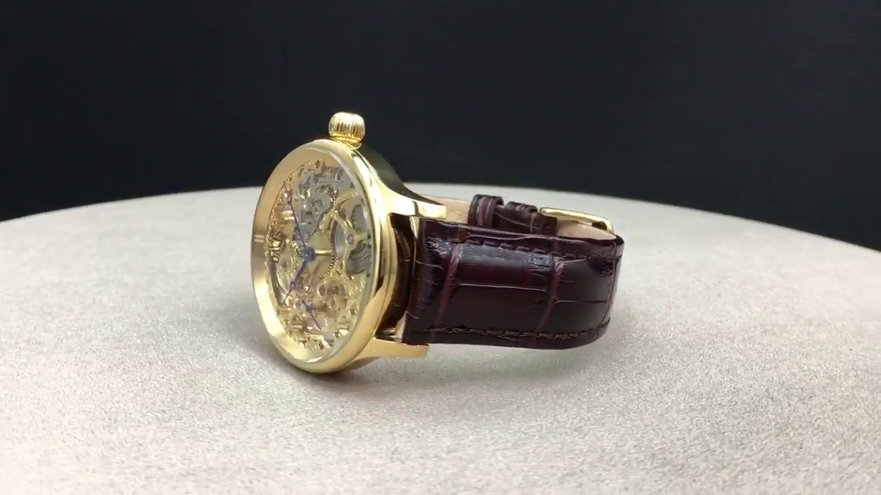 MONTRE SQUELETTE HOMME MECANIQUE ACIER OR JAUNE BRACELET CUIR MARRON DAVIS 0895