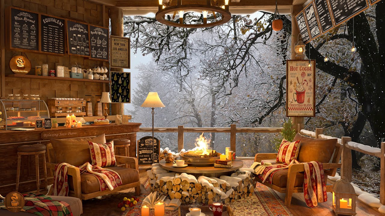 4K Snowy Night at Coffee Shop Ambience ❄ Jazz Music & Crackling Fireplace for Study & Relaxation