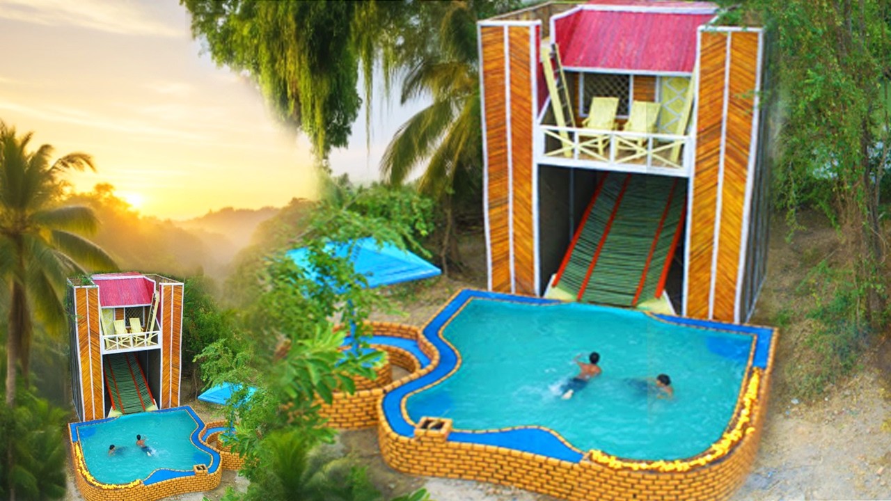 100Days How we built a 7.50 meter tall bamboo wood house with Private Pools | Full Jungle Build