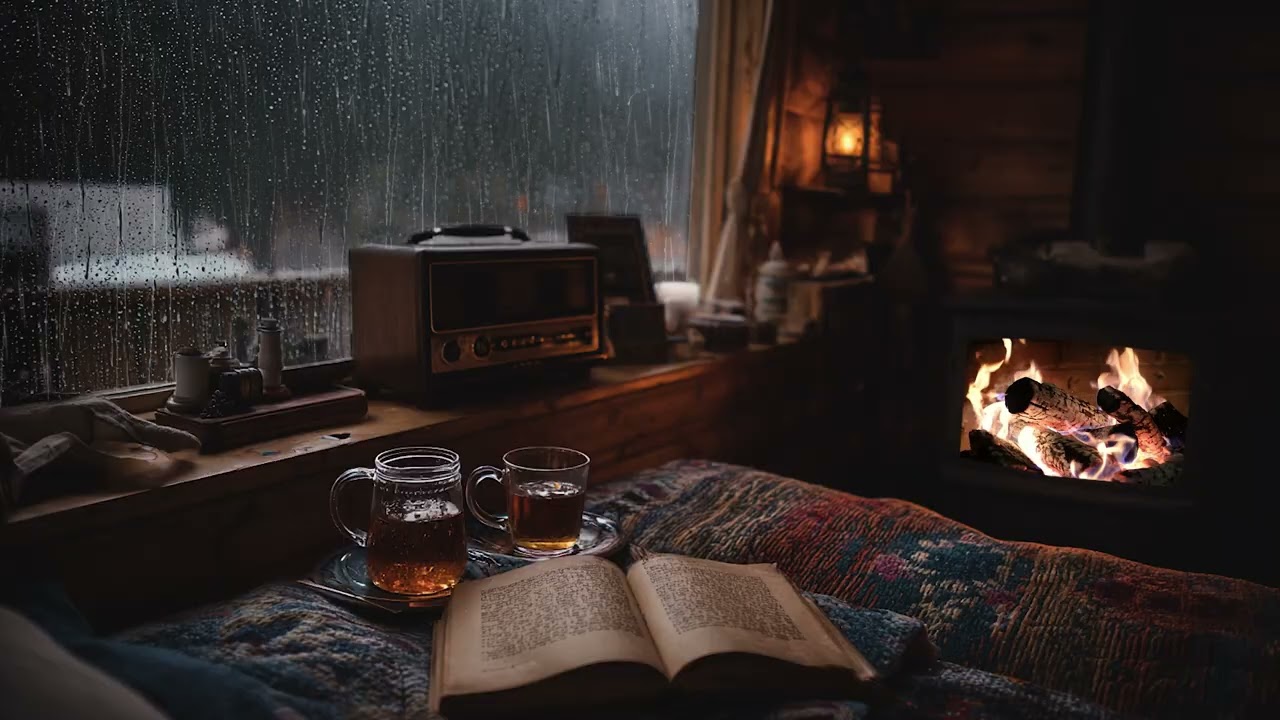 Heavy Rain Outside a Mountain Cabin 🌧️🔥 Midnight Fireplace Ambience for Deep Rest