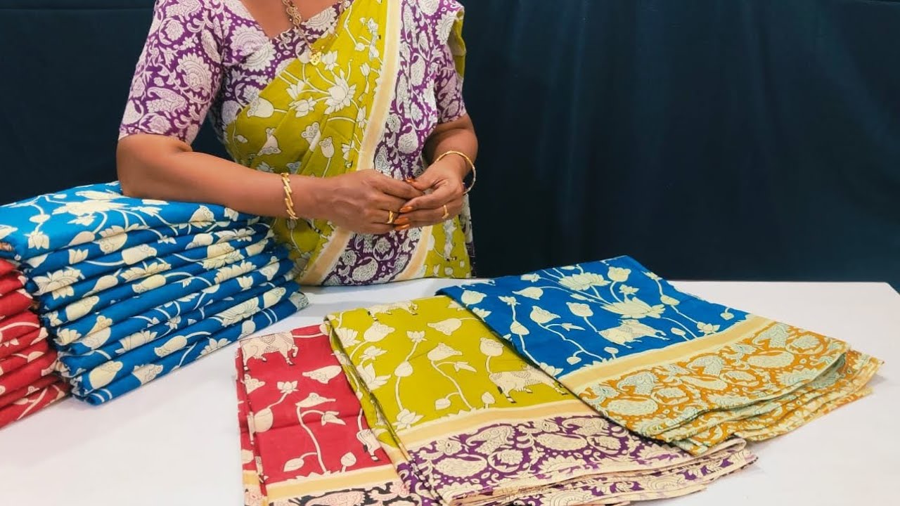 Mul mul cotton sarees 🍁 kalamkari pattern 💥 with blouse collection ❣️ just 585+shipping 