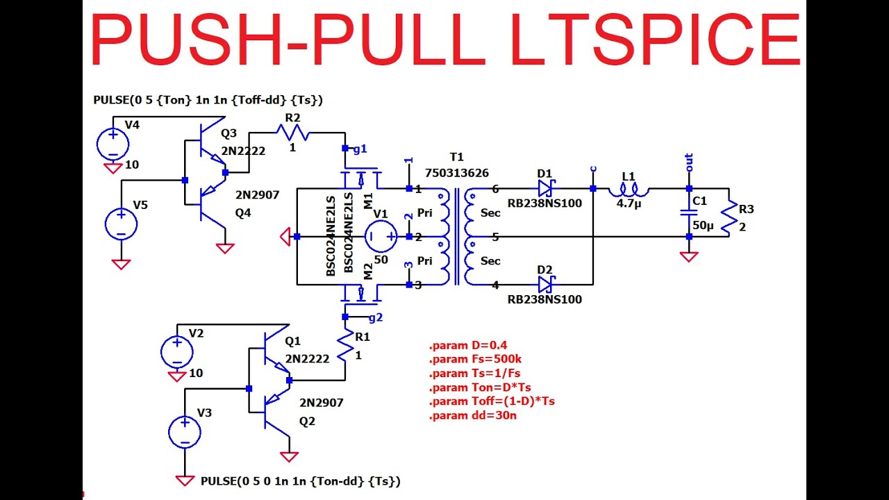LTspice Push Pull DC-DC Center Tapped Open Loop
