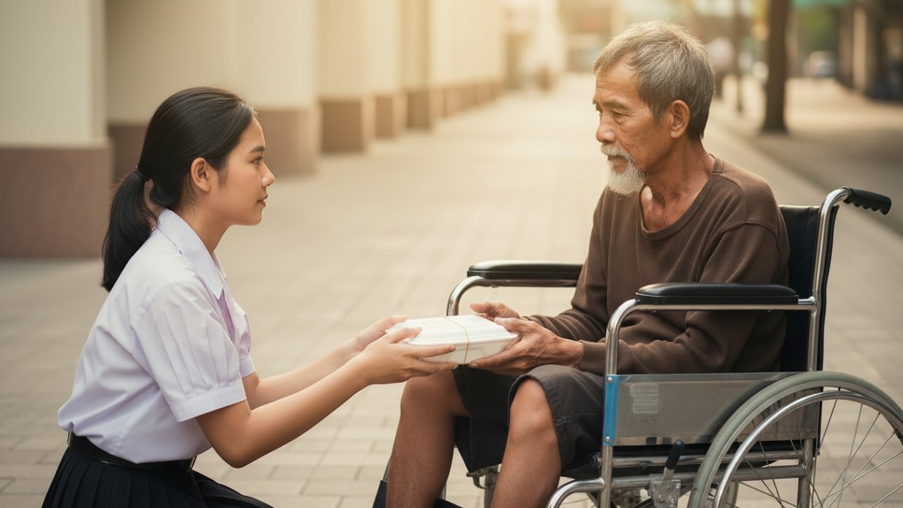 หญิงยากจนแบ่งอาหารให้ขอทานพิการ—โดยไม่รู้ว่าเขาเป็นใคร-ความลับของขอทานถูกเปิดเผยแล้ว!