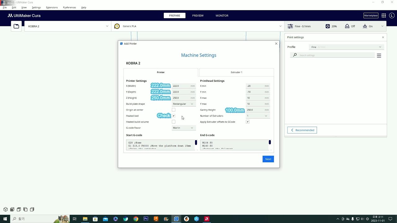 How to set ANYCUBIC KOBRA 2 PROFILE in CURA