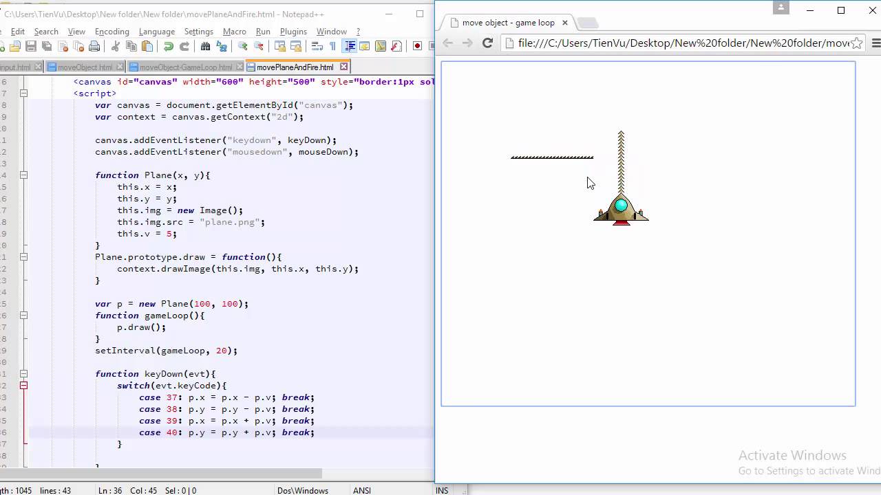 Move Plane and Fire HTML5 game tutorial #6 ✔