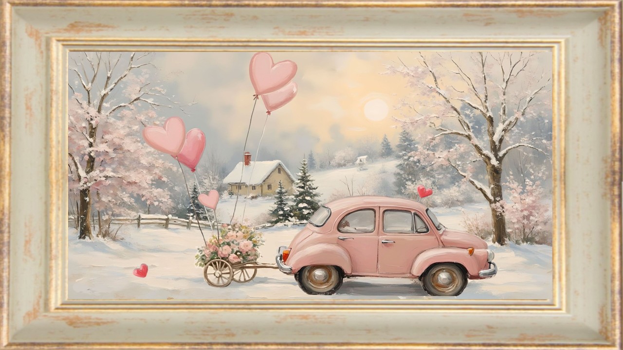 Valentine Pink Classic Car and Flower Cart | Gold Frame TV Art | Screen Saver | Free Background | 4K