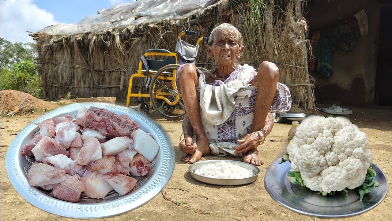 100 year old poor tribal Grandma cooking PORK CURRY with Cauliflower recipe and eating with hot rice