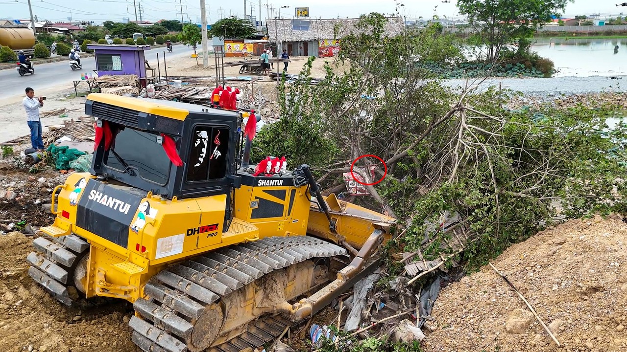Great power heavy equipment machine bulldozer and dump trucks filling up land with soil nicely