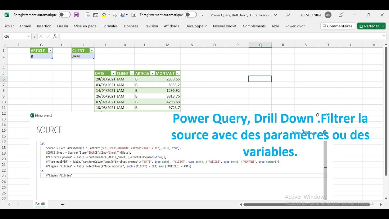 Power Query, Drill Down.Filtrer la source avec des paramètres ou des variables.