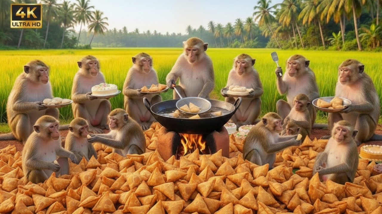 Cooking Samosa in Jungle | Funny Monkey Chef Cooking Video | Realistic Monkey Cooking Food