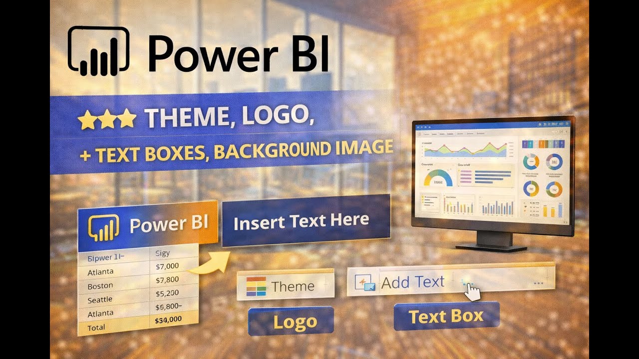 19) Microsoft Power BI Report Full Course | Theme| Logo| Text Boxes| Background Image 
