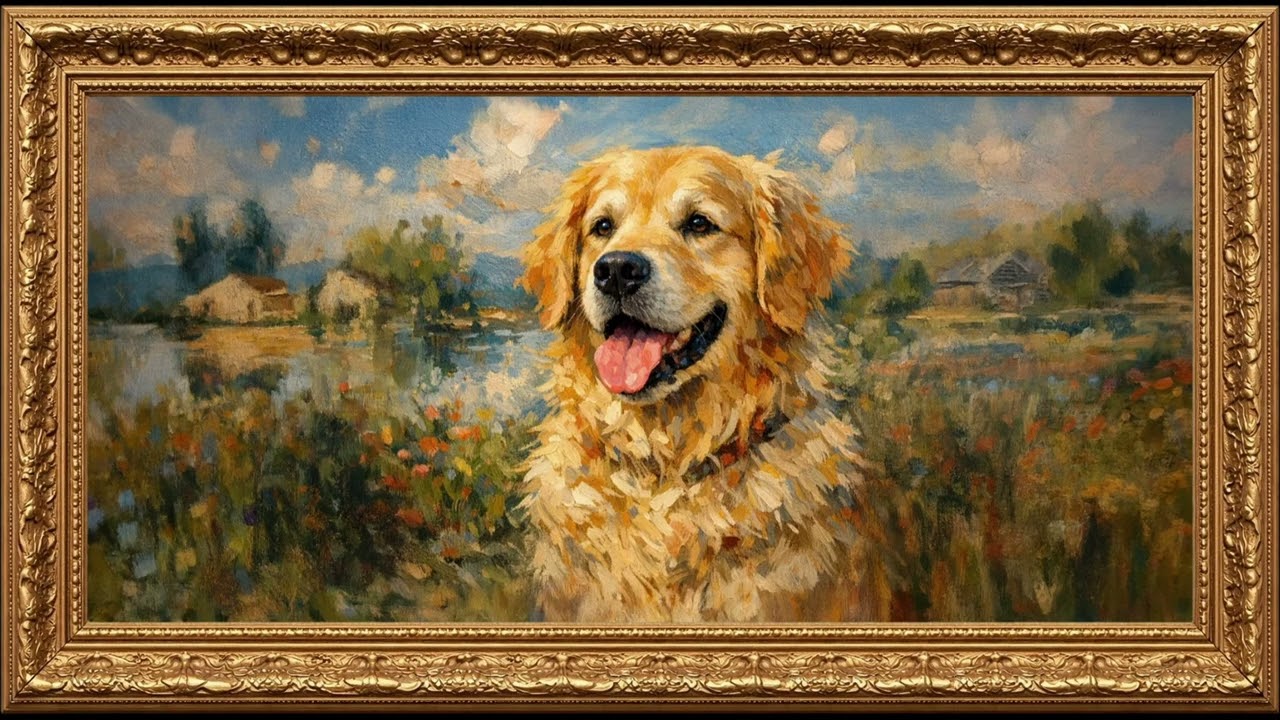 Golden Retriever by the Lake | A Peaceful Dog Portrait Oil Painting | Framed Art TV Screensaver