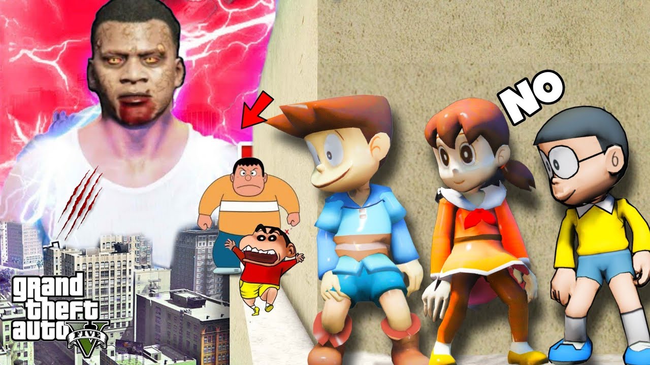 GTA5: Zombie Franklin, Gian,Suneo,Shizuka,Shinchan,Nobita,Play Jump On the Boat Ramp Challenge