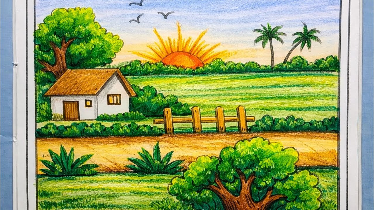 beautiful village drawing with villageland || easy drawing 