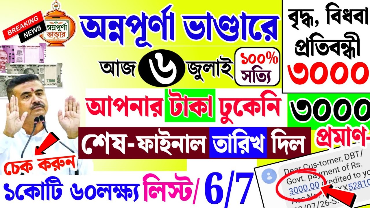 Annapurna Bhandar July payment date | অন্নপূর্ণা ভাণ্ডারে ৩০০০ টাকা কবে? | Annapurna Taka Kobe Pabo?