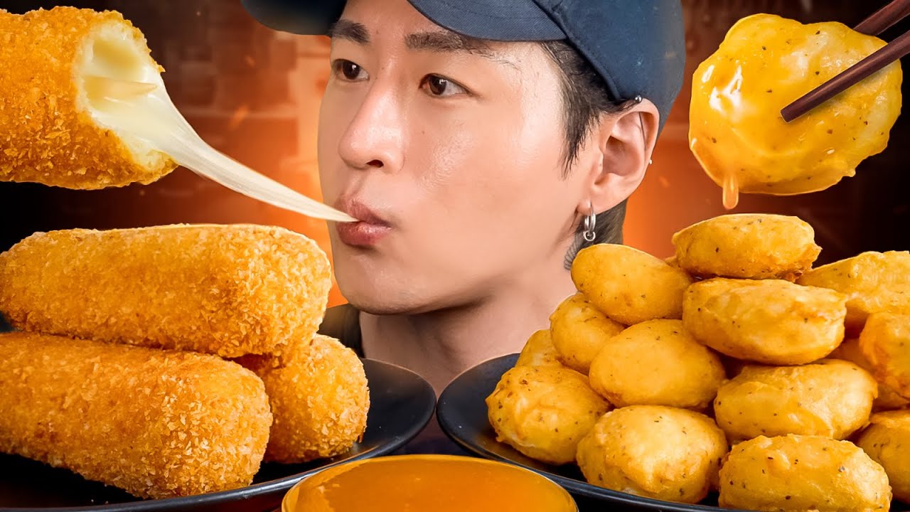 ASMR MUKBANG MOZZARELLA CORN DOGS & MCDONALDS COPYCAT CHICKEN NUGGETS | COOKING & EATING SOUNDS