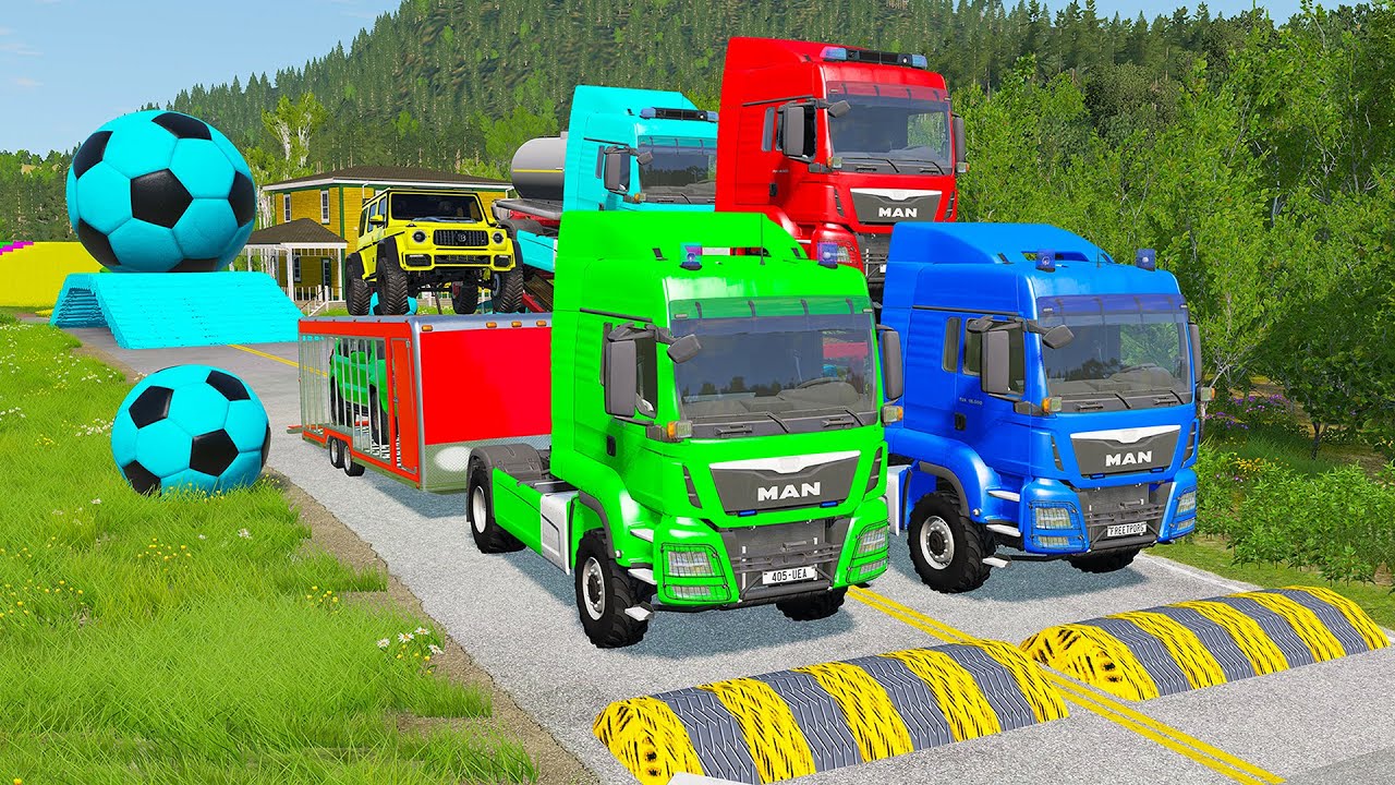 Double Flatbed Trailer Truck vs Speedbumps Train vs Cars | Tractor vs Train Beamng.Drive 076