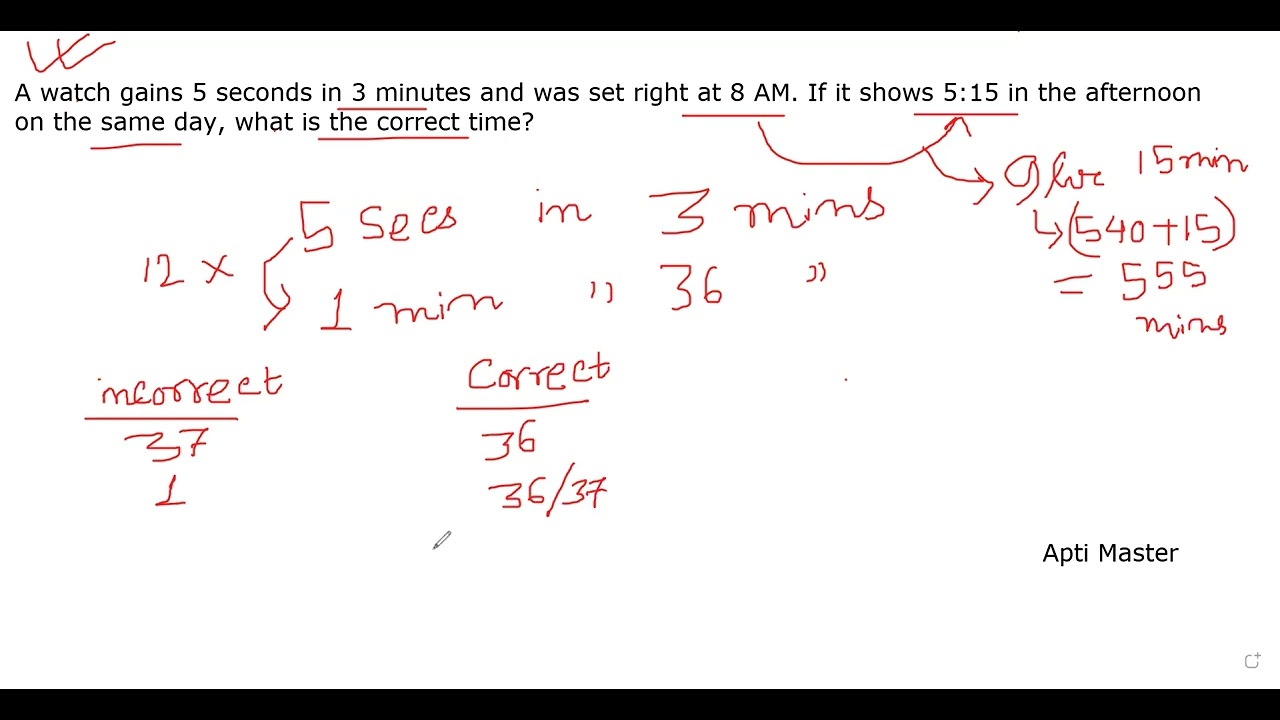 A watch gains 5 secs in 3 mins and was set right at 8 AM. If it shows 5:15 ... || Problems on clock