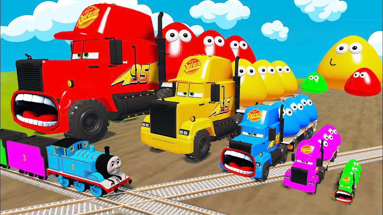 Big & Small Long Mack Truck with POU vs Train Thomas - Cars vs Rails and Train - BeamNG.Drive