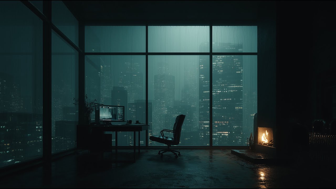 🌧️ Cyberpunk Rain & Crackling Fireplace | Cozy Workspace Ambience for Focus & Deep Thought | 4K