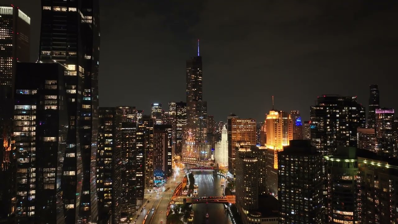 the Chicago river at nighttime