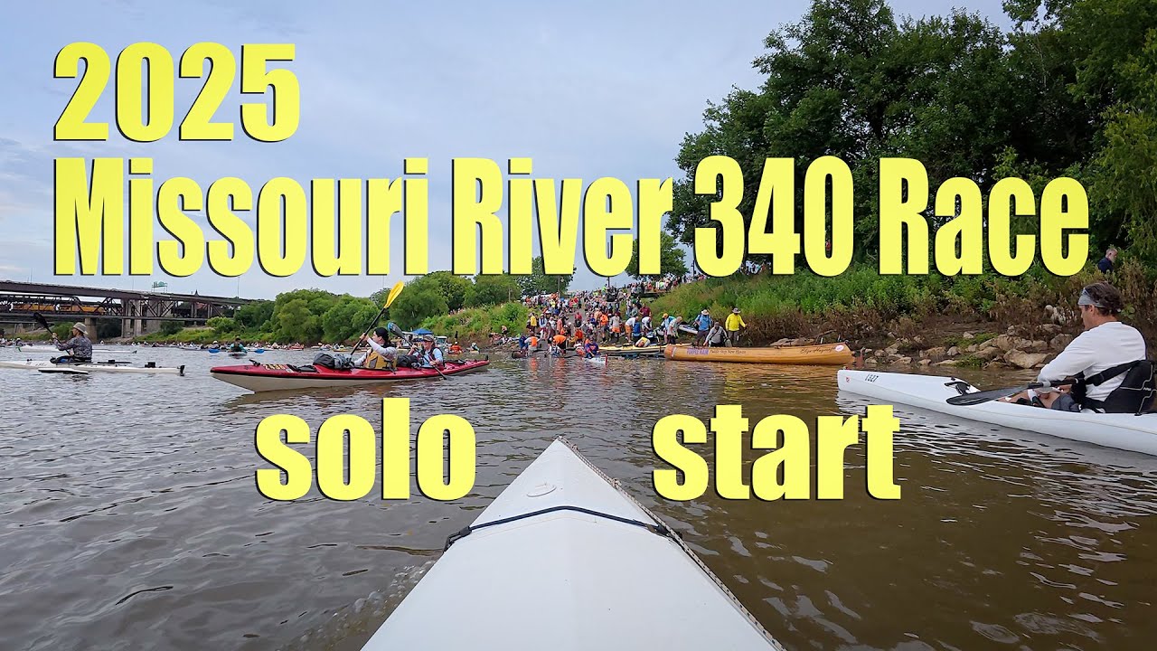 2025 Missouri River 340 Race - start of solo boats and paddling under Kansas City bridges