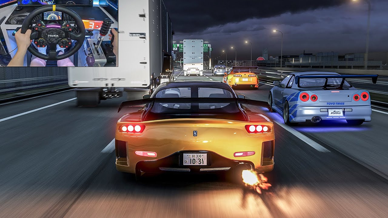 Fast & Furious Convoy Mazda RX7 & Supra MK4 & GT-R R34 Street Racing! - Assetto Corsa | Moza R9 + VR