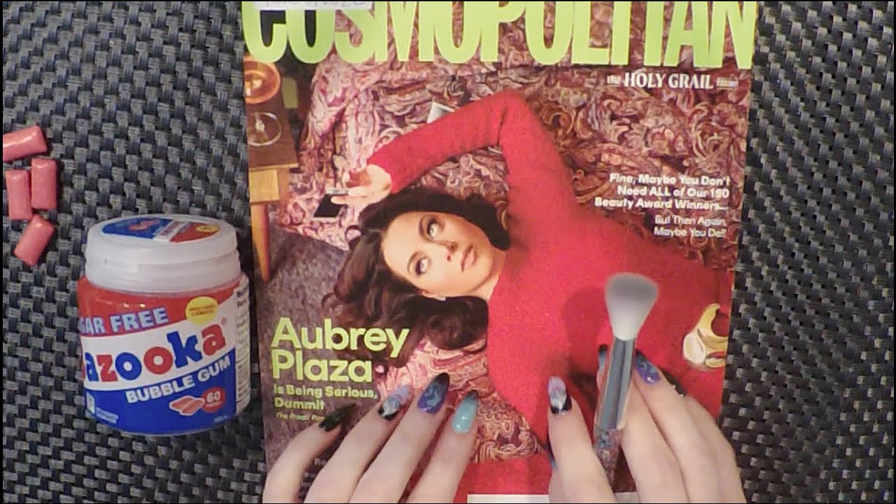 ASMR Gum Chewing Magazine Flip Through| Cosmopolitan Aubrey Plaza | Whispered Page Turning
