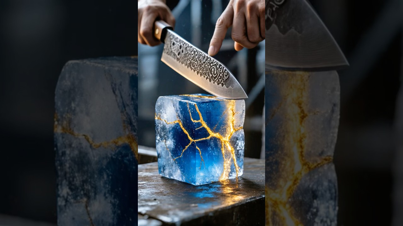 💎 Crushing Golden Ice Cube with Ancient Blade! ❄️🔪✨ #ASMR #Satisfying #IceCrushing #ViralShorts