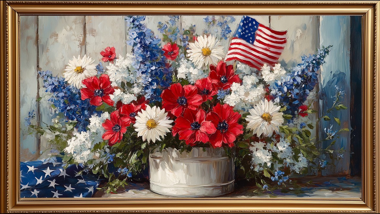 Patriotic Floral Oil Painting | Silent Ambient Display | No Music No Ads | Gold Frame TV Art 4K