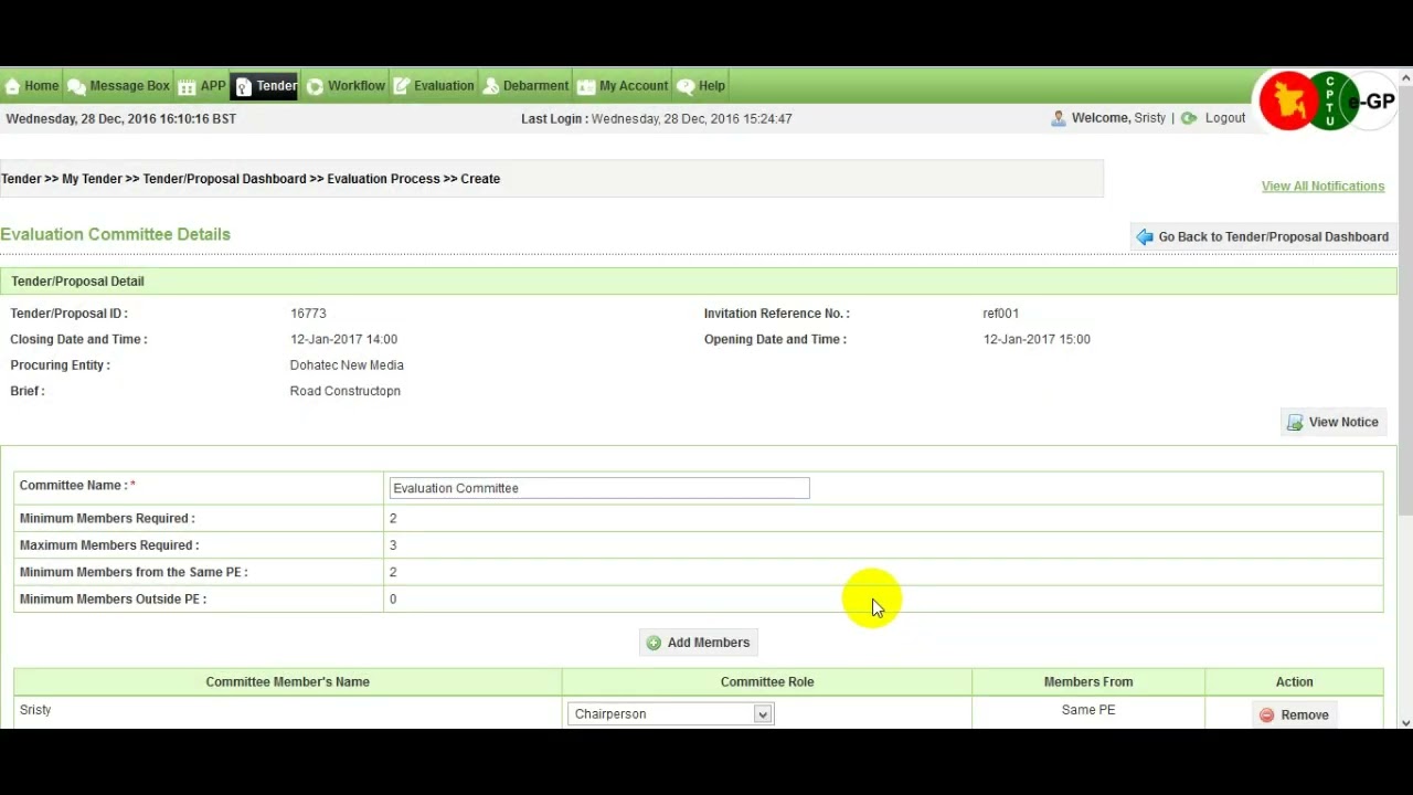 2.5.5 PE User : Tender Preparation : Evaluation Committee Formation