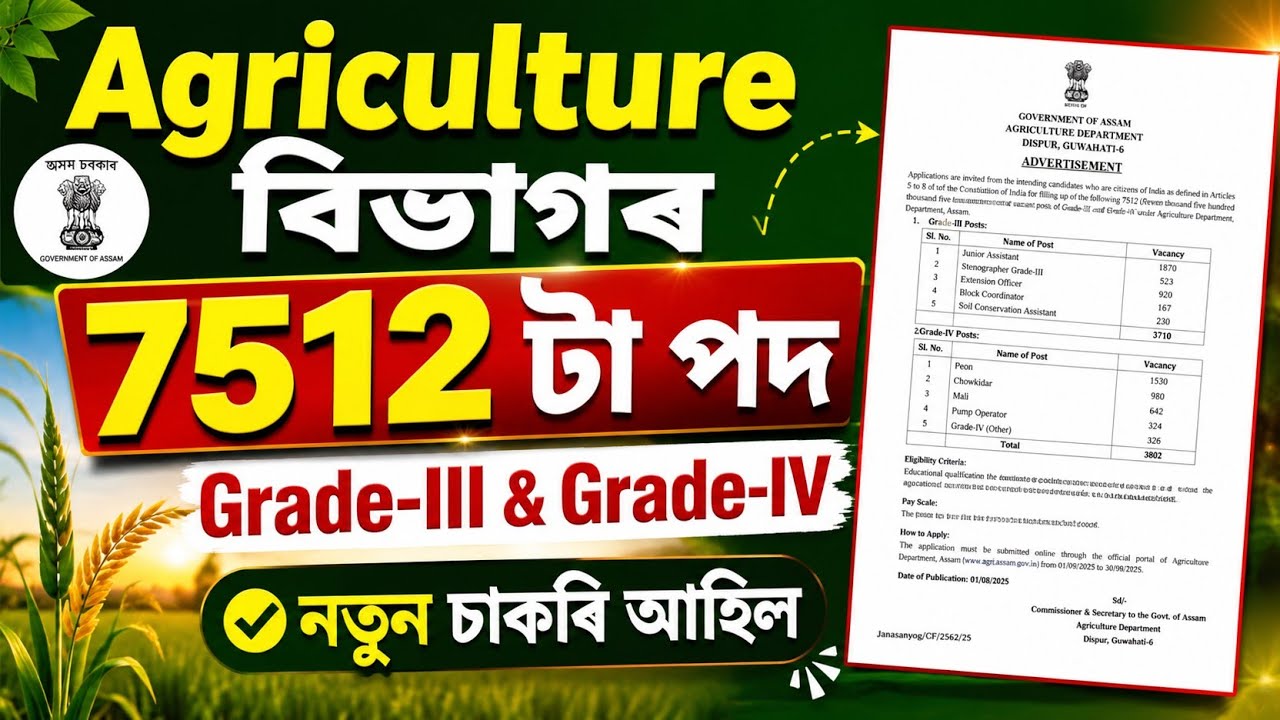 কৃষি বিভাগৰ চাকৰি - Agriculture new vacancy 2026 | Jobs in Assam | Assam jobs 2026 | Jobs Assam |