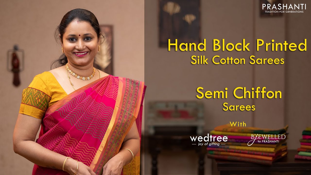 Hand Block Printed Silk Cottons, Semi Chiffon Sarees, Readymade Blouses, Necklace by B'jewelled
