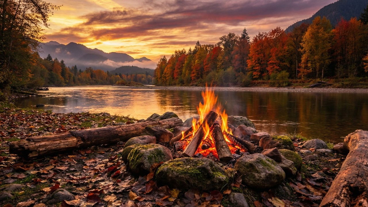 Cozy Campfire by the River at Sunset 🍁 Relaxing Nature Camping, Autumn Forest Vibes